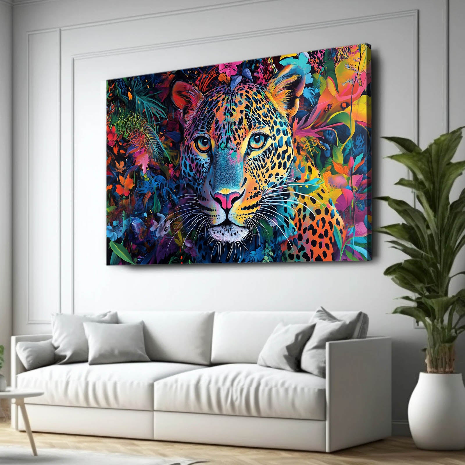 Jungle Color Explosion Leopard Canvas Art – styled in a furnished interior