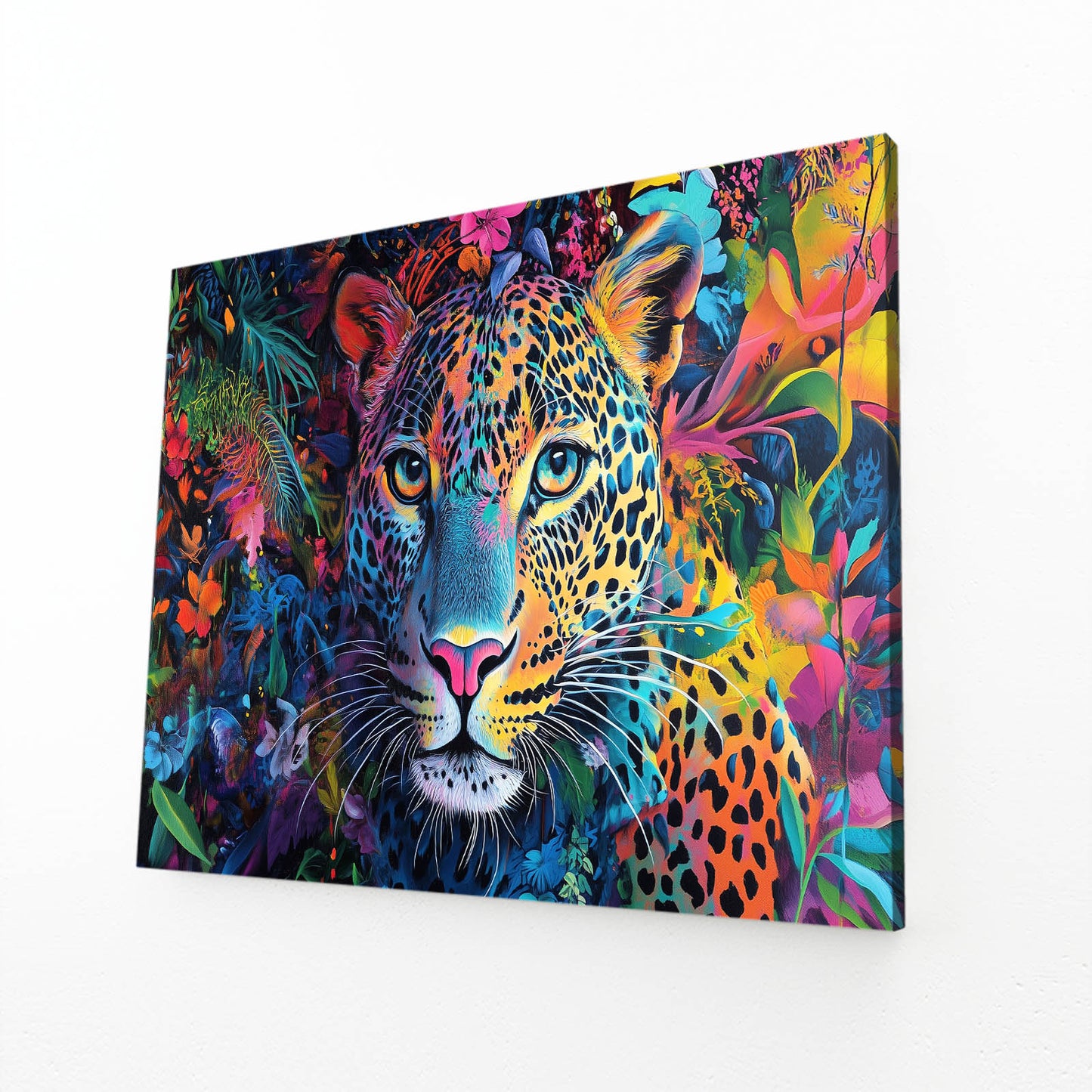 Jungle Color Explosion Leopard Canvas Art – angled canvas view on white background