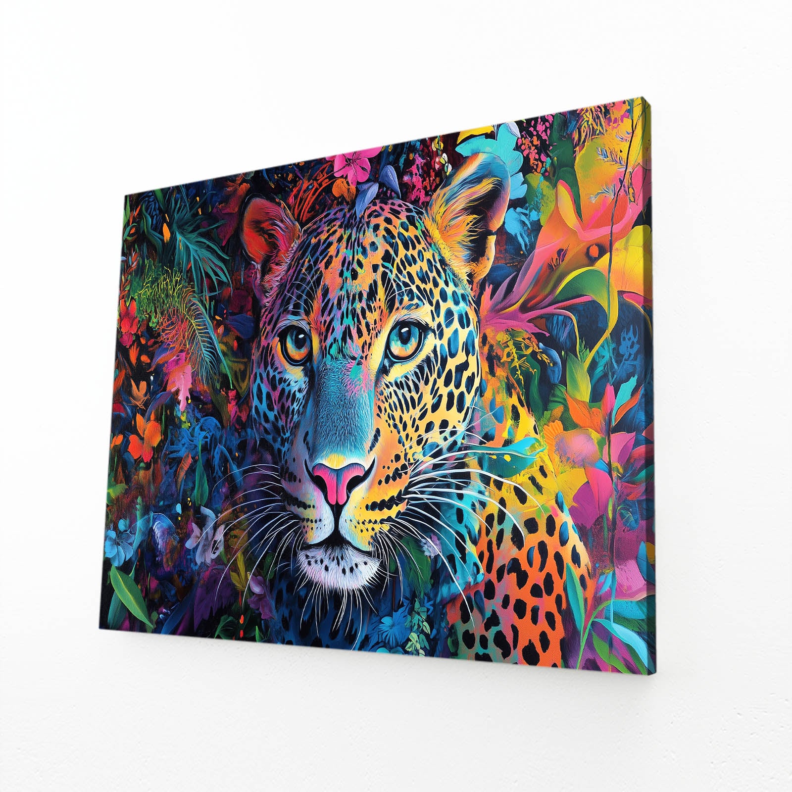 Jungle Color Explosion Leopard Canvas Art – angled canvas view on white background