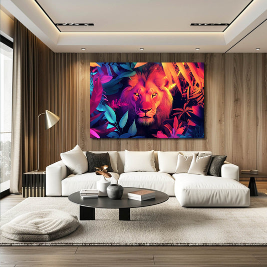 Jungle Glow Lion Wall Art — botanical canvas print in pink tones, view 3