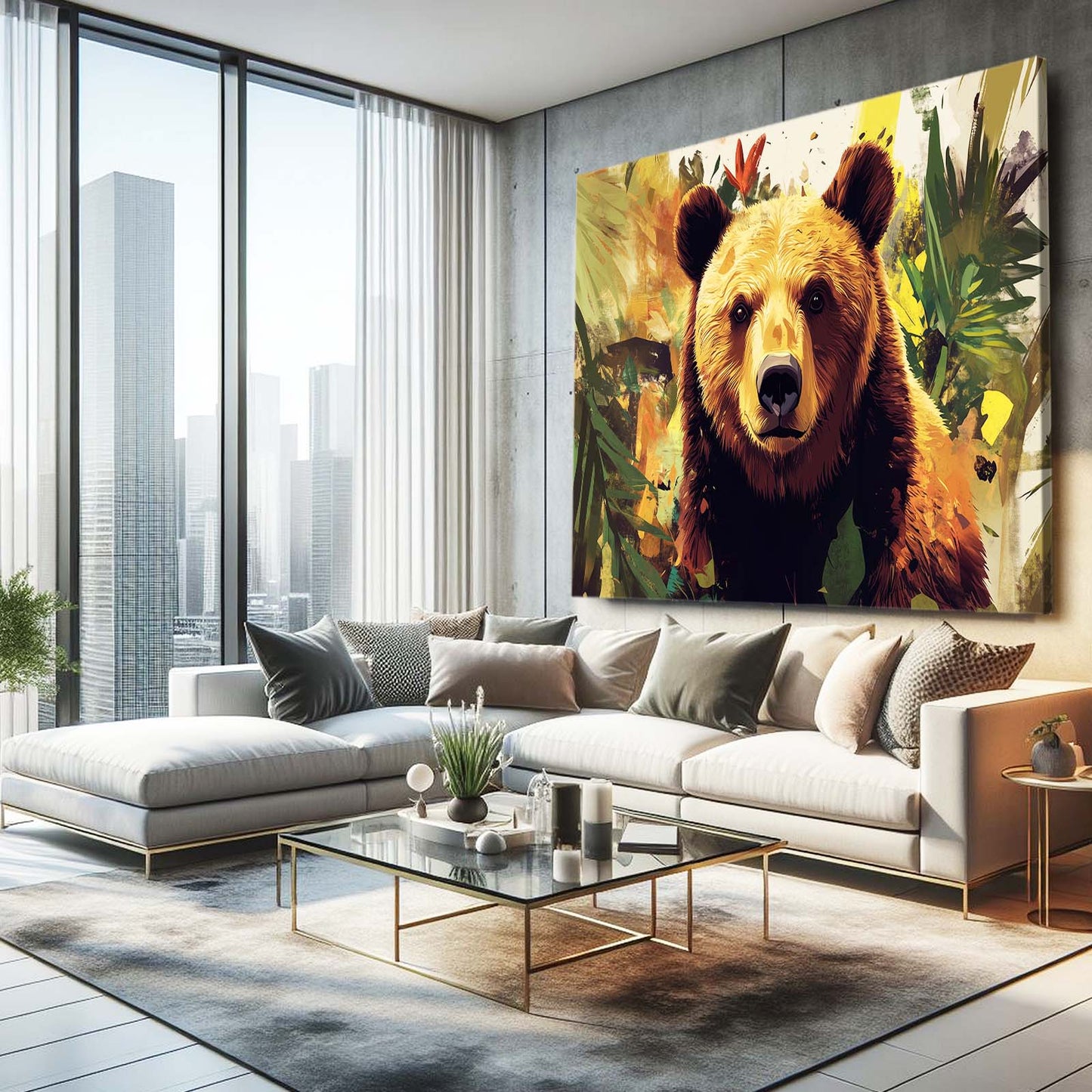 Jungle Leaf Gaze Bear Prints — contemporary canvas print, styled in a furnished interior