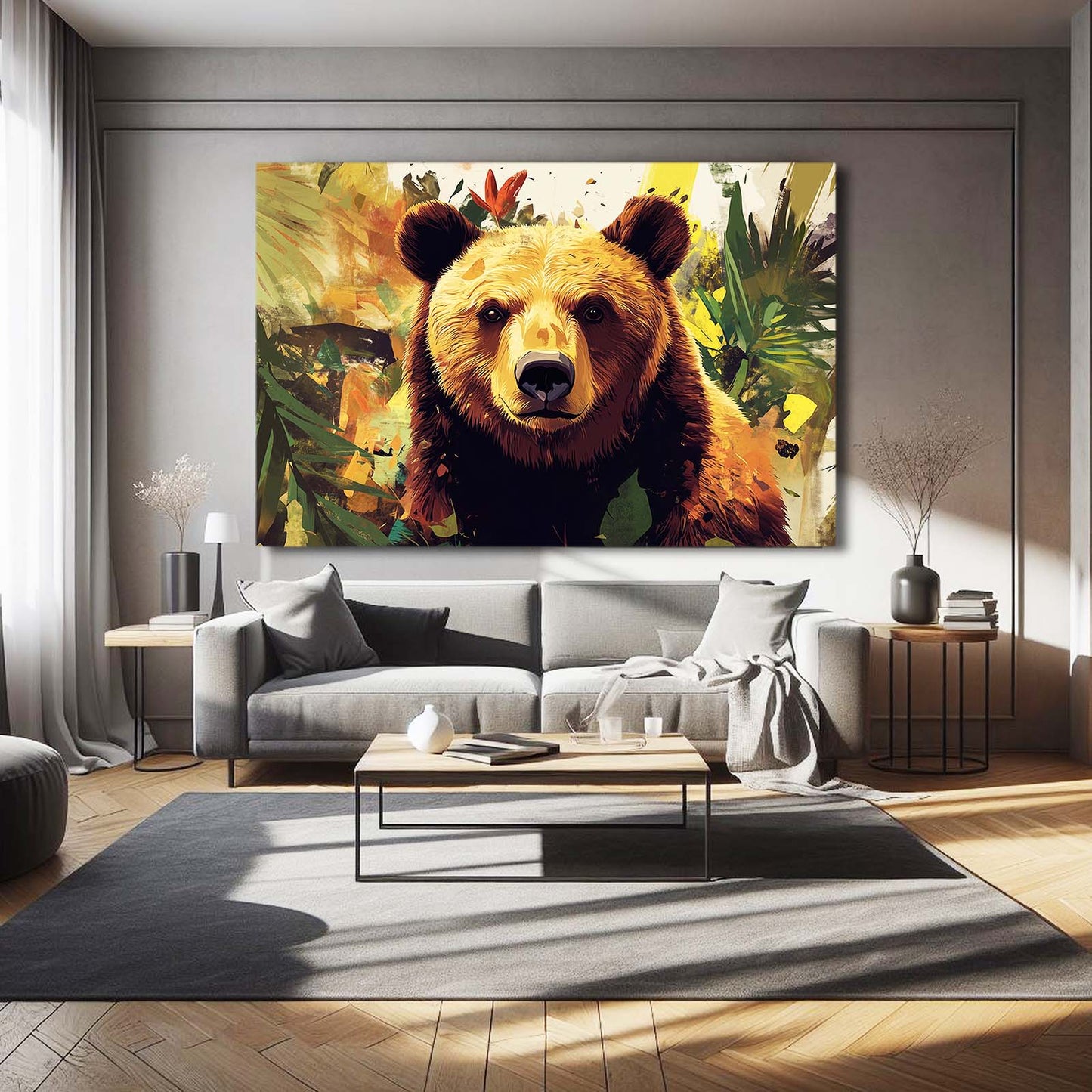 Jungle Leaf Gaze Bear Prints — contemporary canvas print, styled in a furnished interior