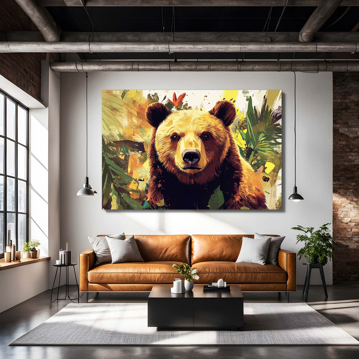 Jungle Leaf Gaze Bear Prints — contemporary canvas print, styled in a furnished interior
