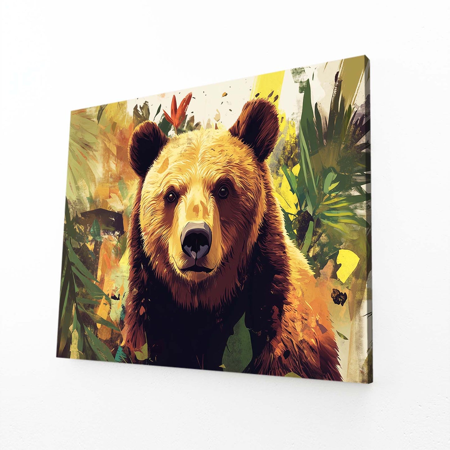 Jungle Leaf Gaze Bear Prints — contemporary canvas print, angled canvas view on white background