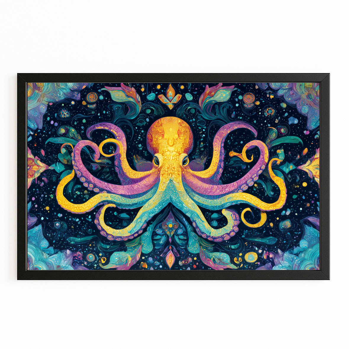 Kaleidoscope Folk Octopus Art – with Premium Black frame on white background