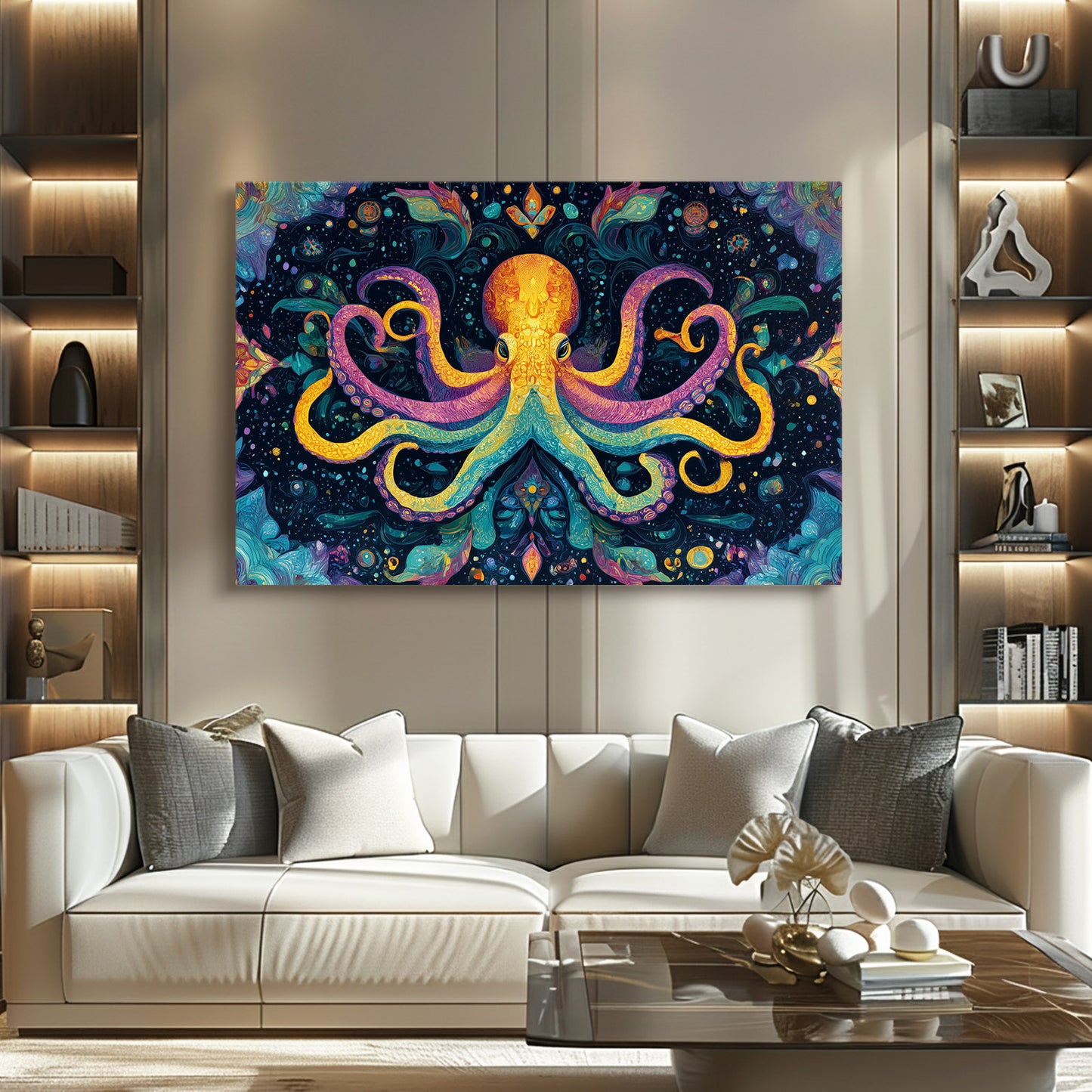 Kaleidoscope Folk Octopus Art – styled in a furnished interior