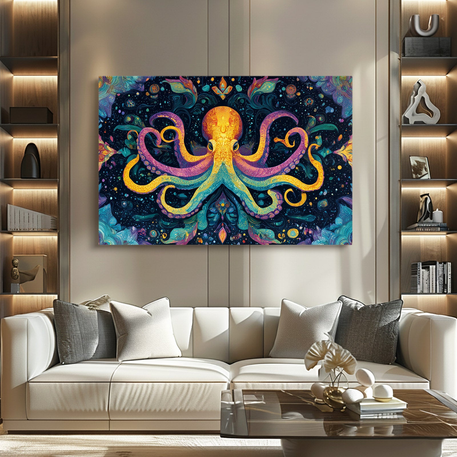 Kaleidoscope Folk Octopus Art – styled in a furnished interior