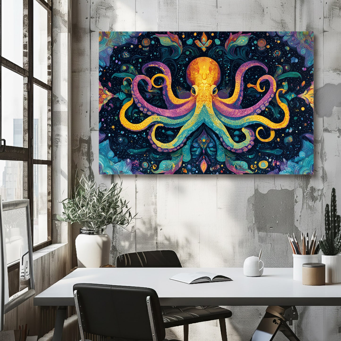 Kaleidoscope Folk Octopus Art – styled in a furnished interior