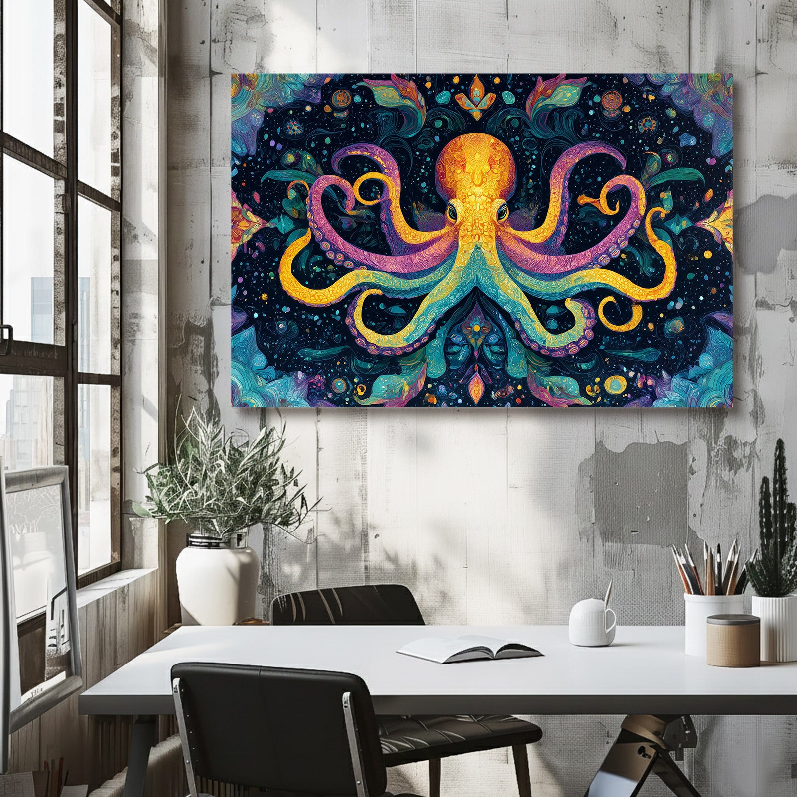 Kaleidoscope Folk Octopus Art – styled in a furnished interior