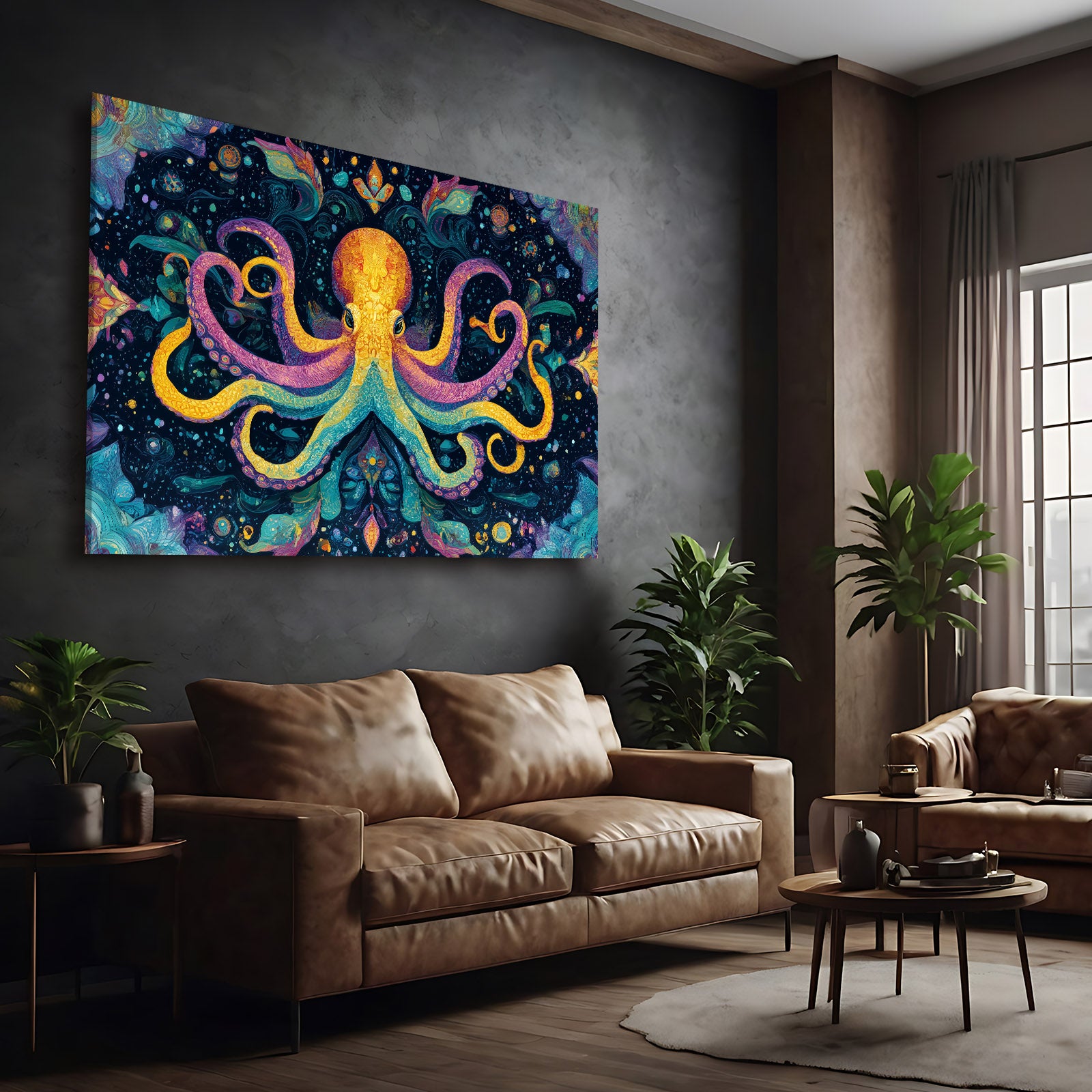 Kaleidoscope Folk Octopus Art – styled in a furnished interior