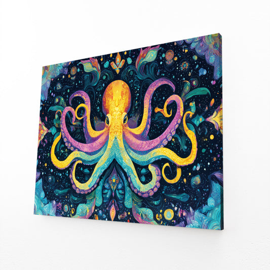 Kaleidoscope Folk Octopus Art – angled canvas view on white background