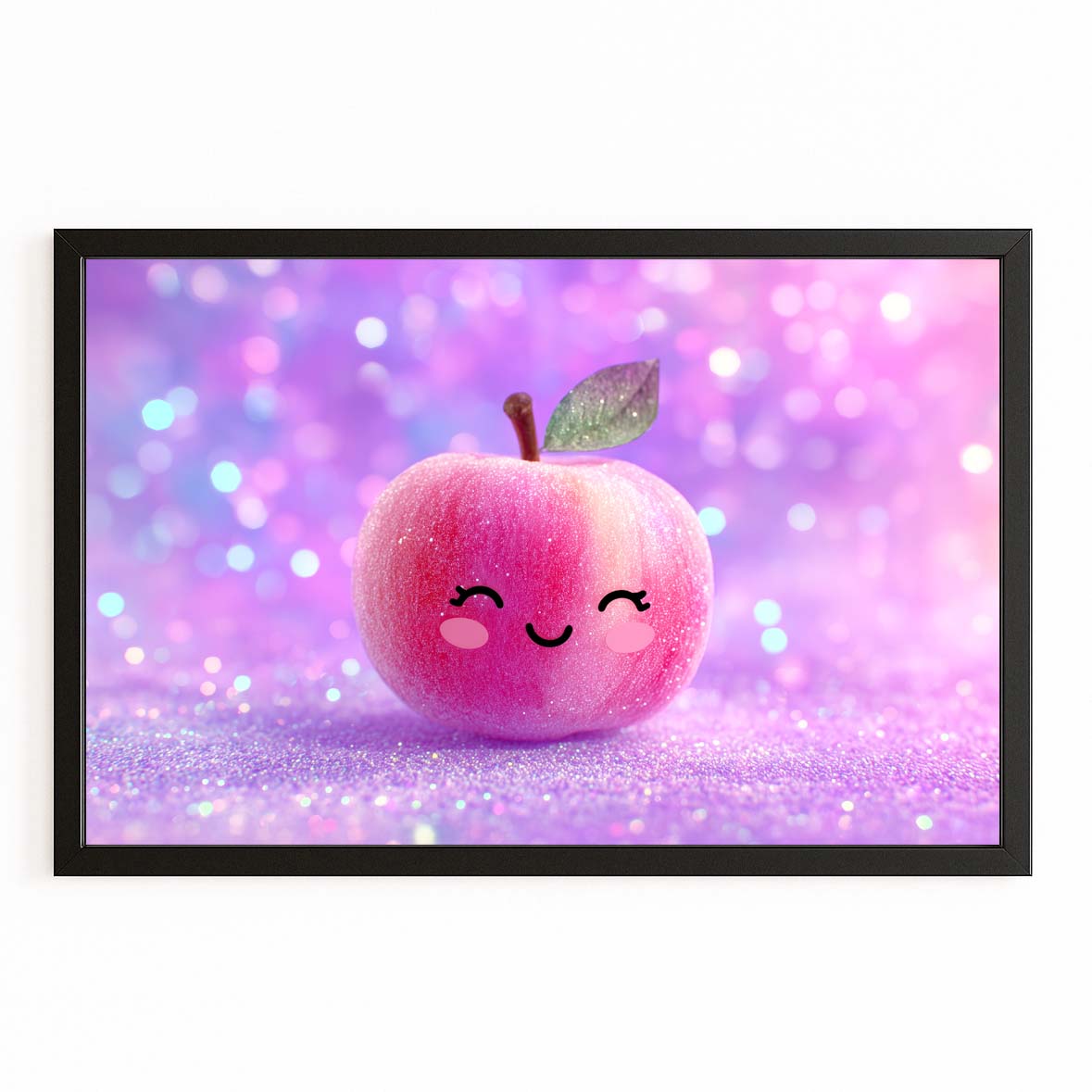 Kawaii Glitter Pink Apple Canvas – with Premium Black frame on white background