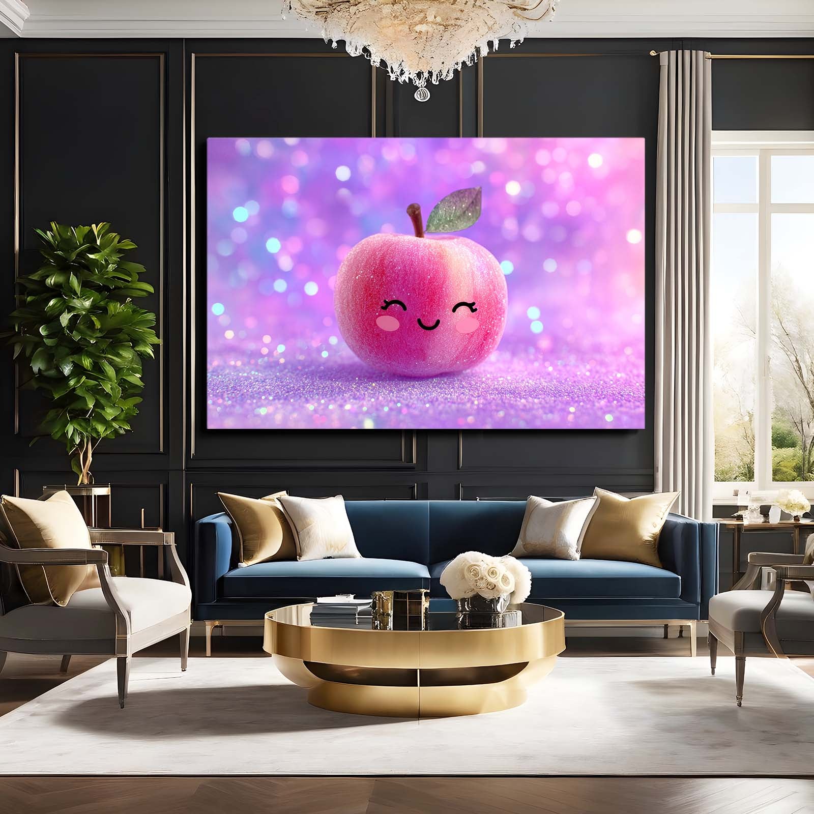 Kawaii Glitter Pink Apple Canvas – styled in a furnished interior