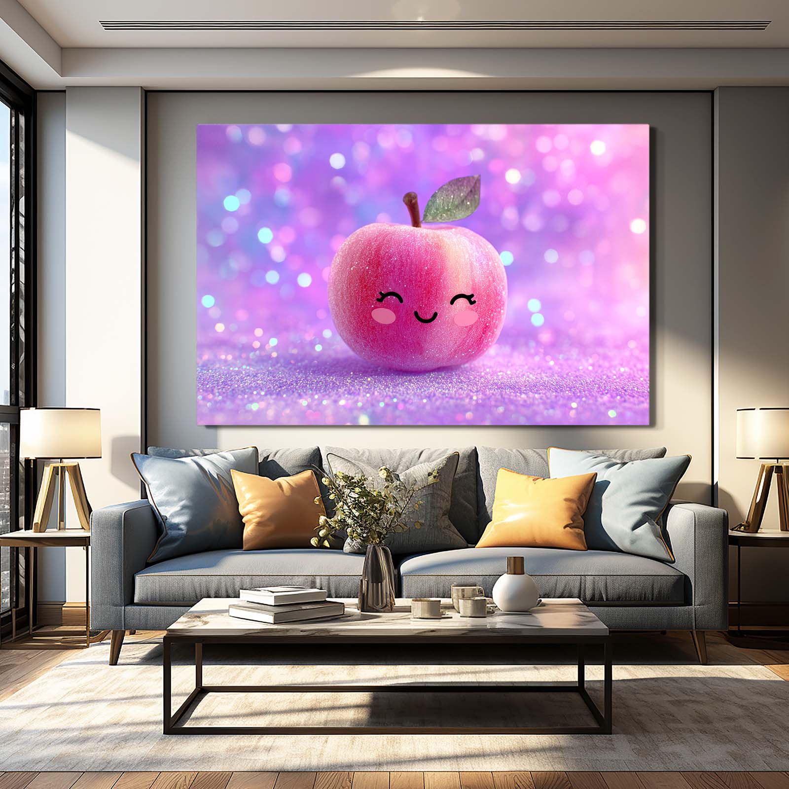 Kawaii Glitter Pink Apple Canvas – styled in a furnished interior