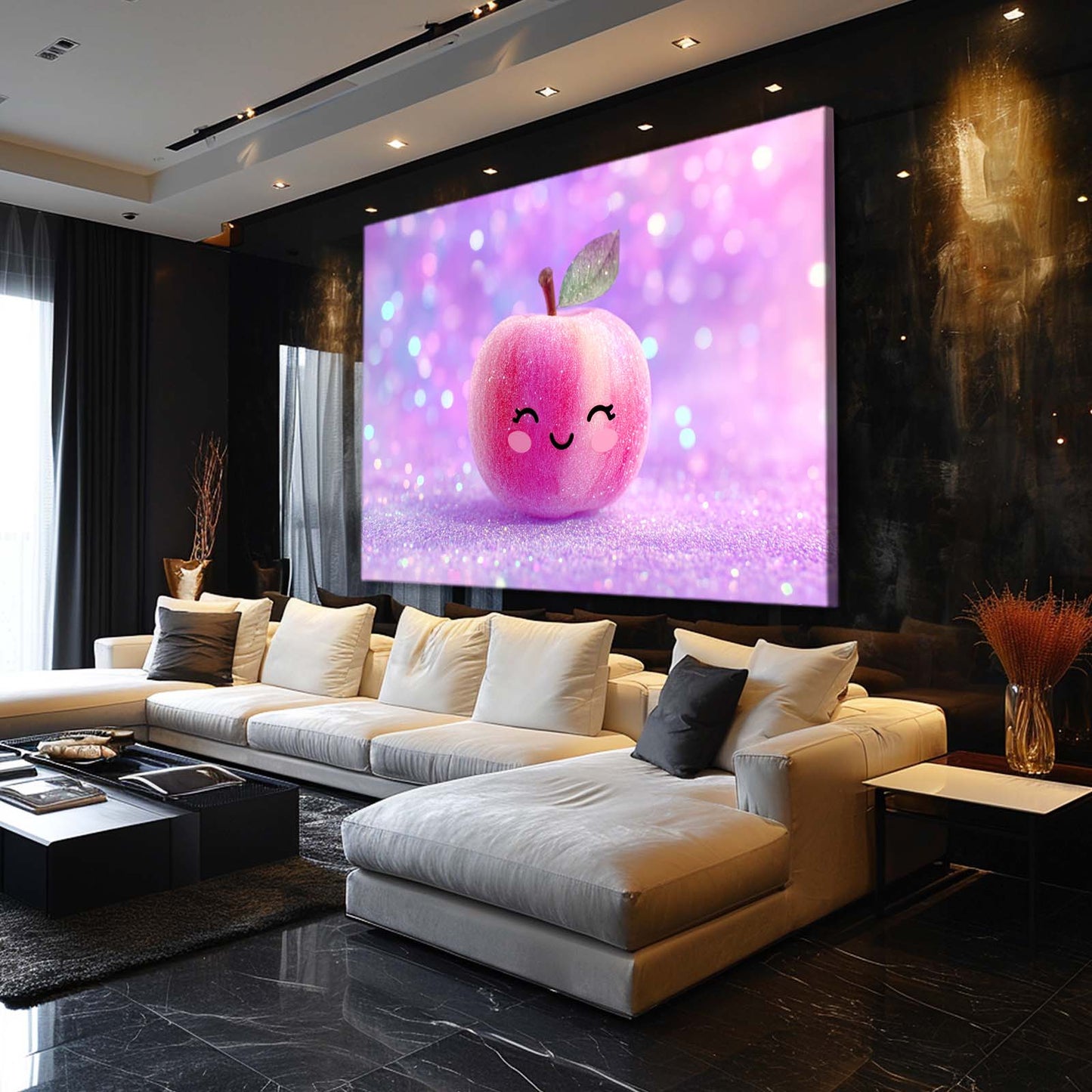 Kawaii Glitter Pink Apple Canvas – styled in a furnished interior