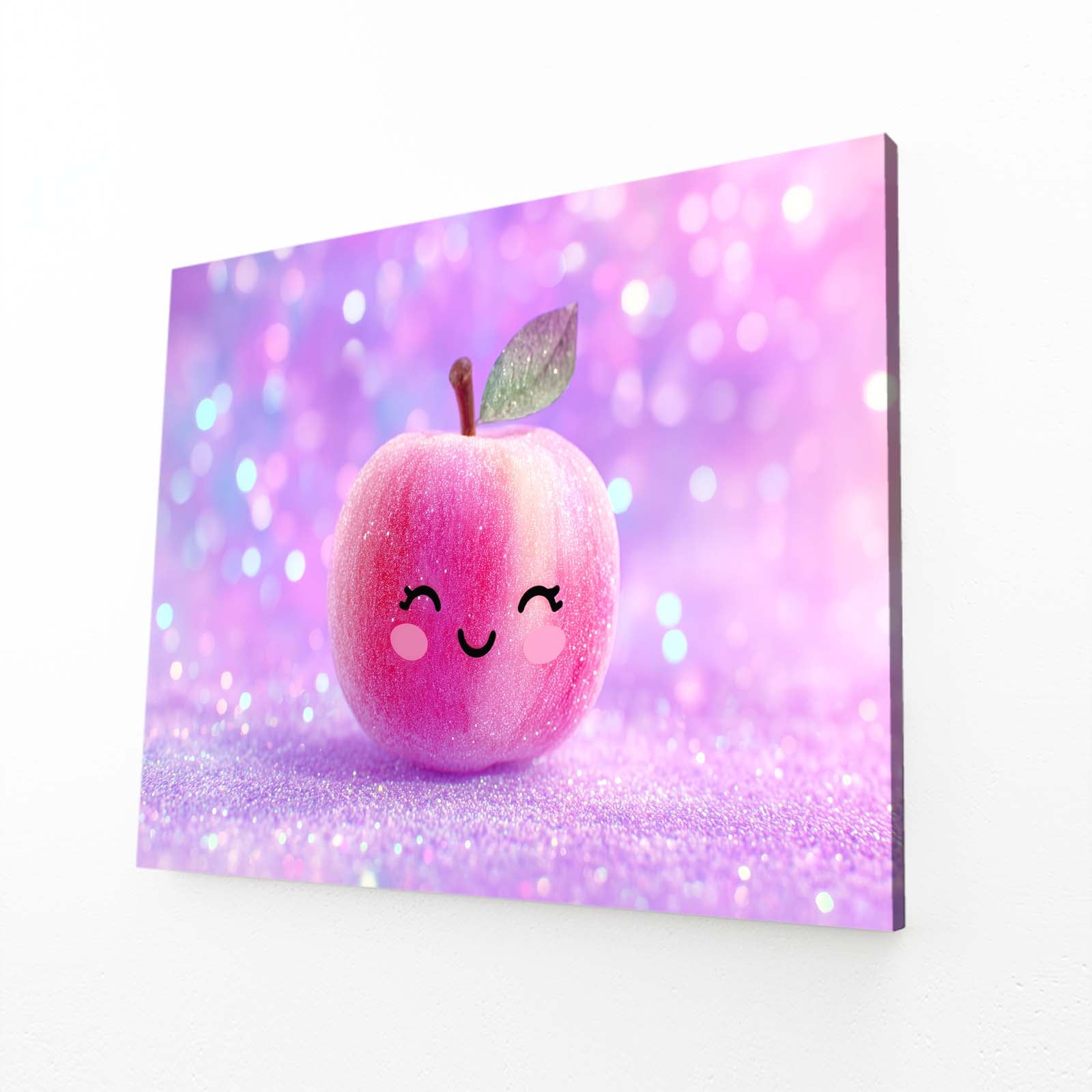Kawaii Glitter Pink Apple Canvas – angled canvas view on white background