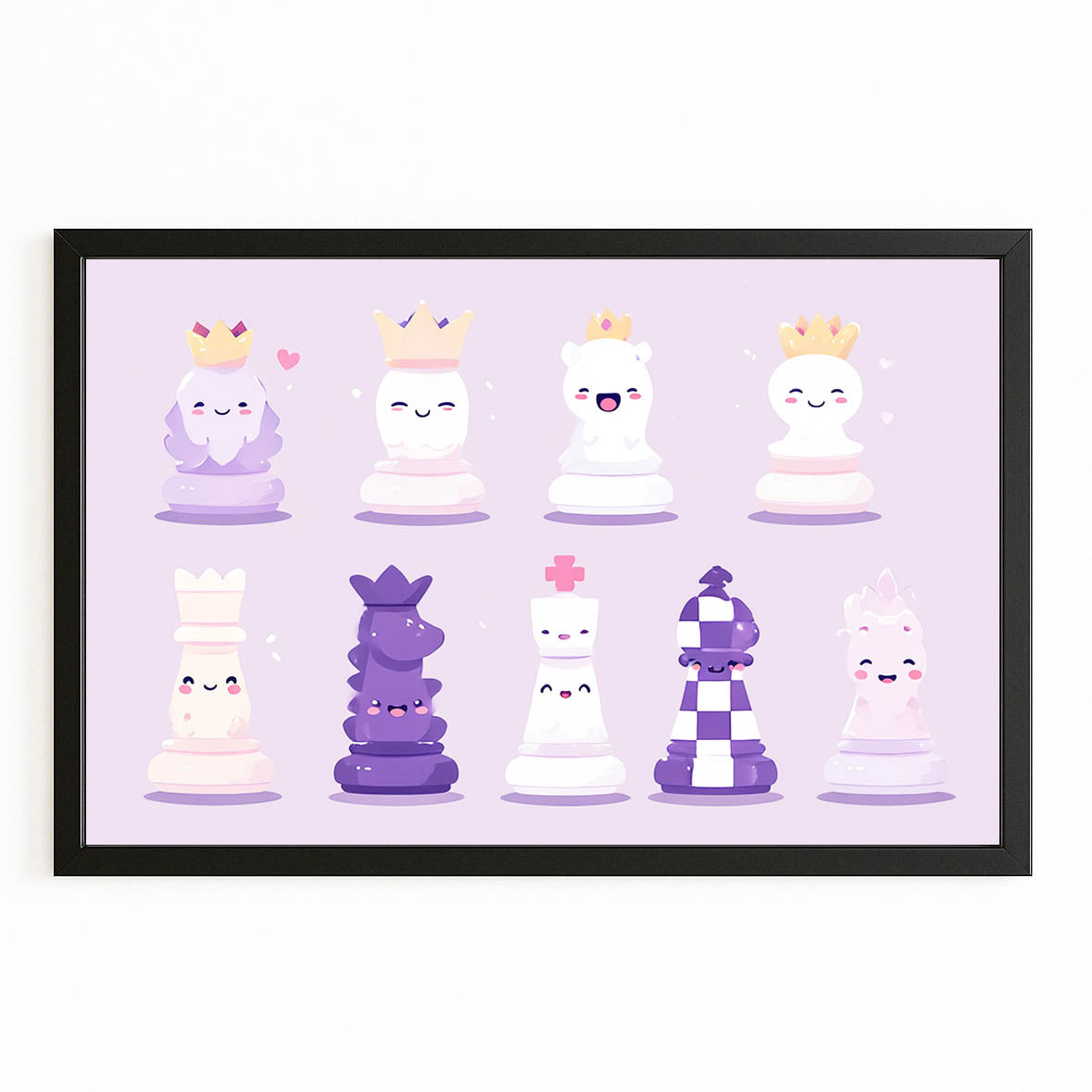 Kawaii Pastel Pieces Chess Wall Art – with Premium Black frame on white background