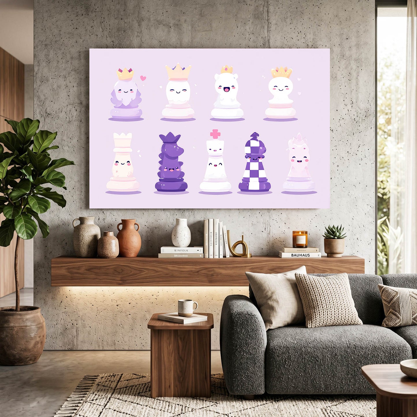 Kawaii Pastel Pieces Chess Wall Art – styled in a furnished interior