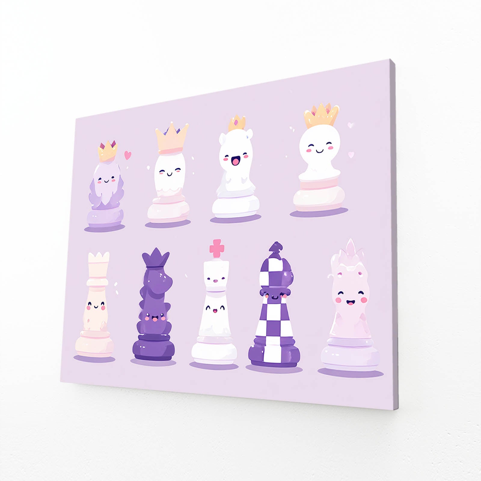 Kawaii Pastel Pieces Chess Wall Art – angled canvas view on white background