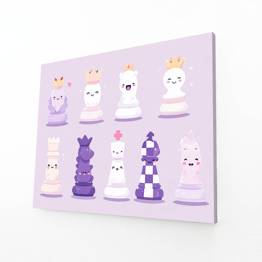 Kawaii Pastel Pieces Chess Wall Art – angled canvas view on white background