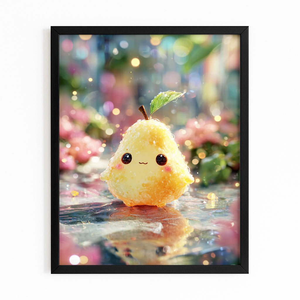 Kawaii Pear Sprite Fruit Art – with Premium Black frame on white background