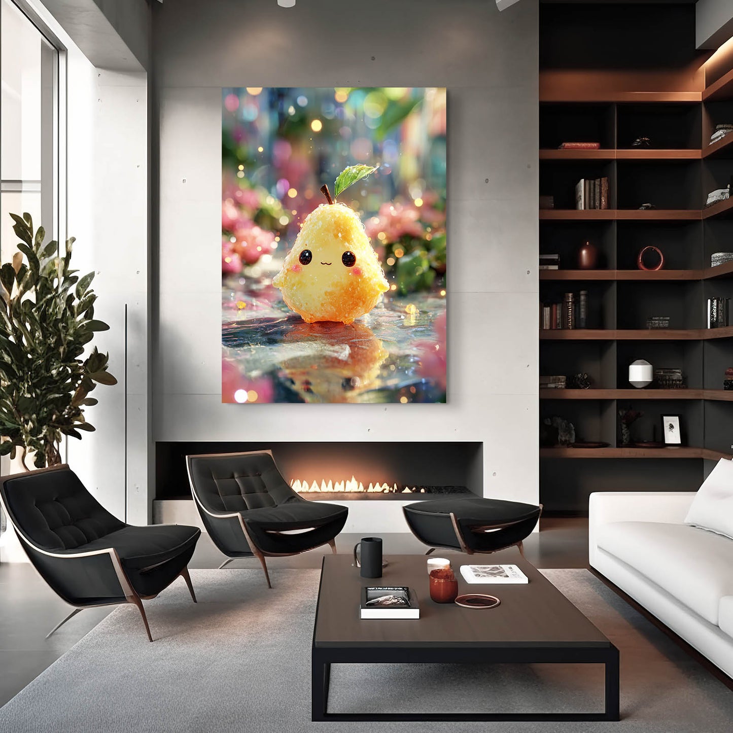 Kawaii Pear Sprite Fruit Art – styled in a furnished interior