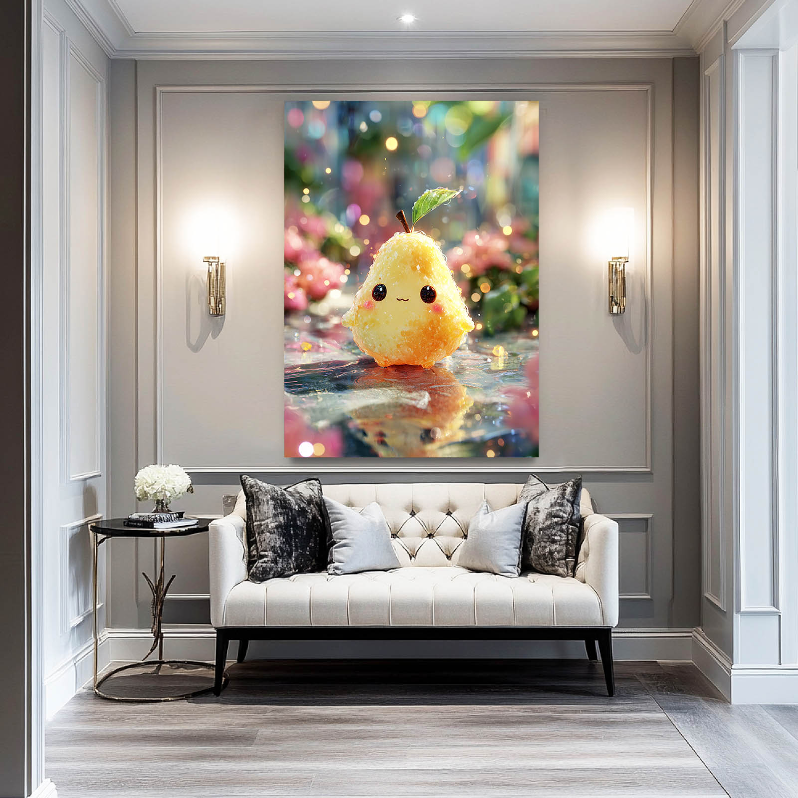 Kawaii Pear Sprite Fruit Art – styled in a furnished interior