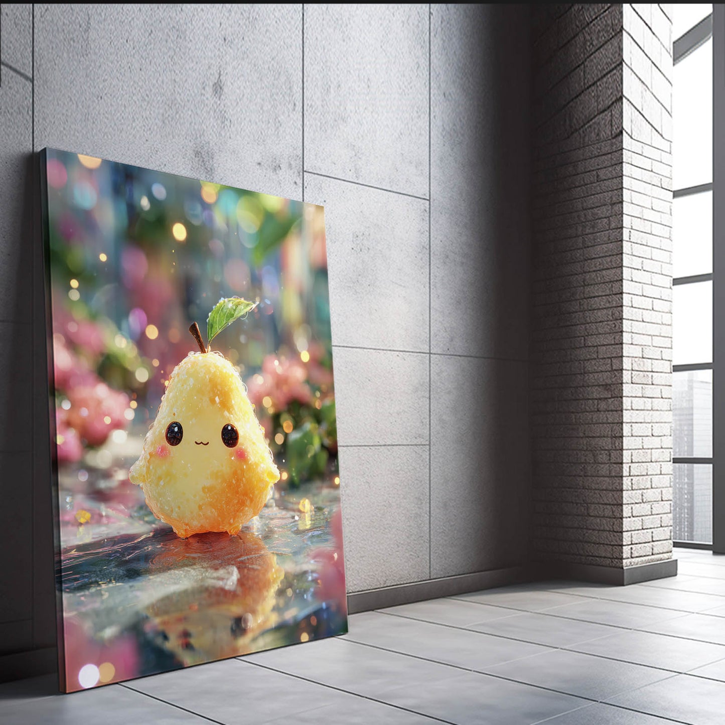 Kawaii Pear Sprite Fruit Art – styled in a furnished interior