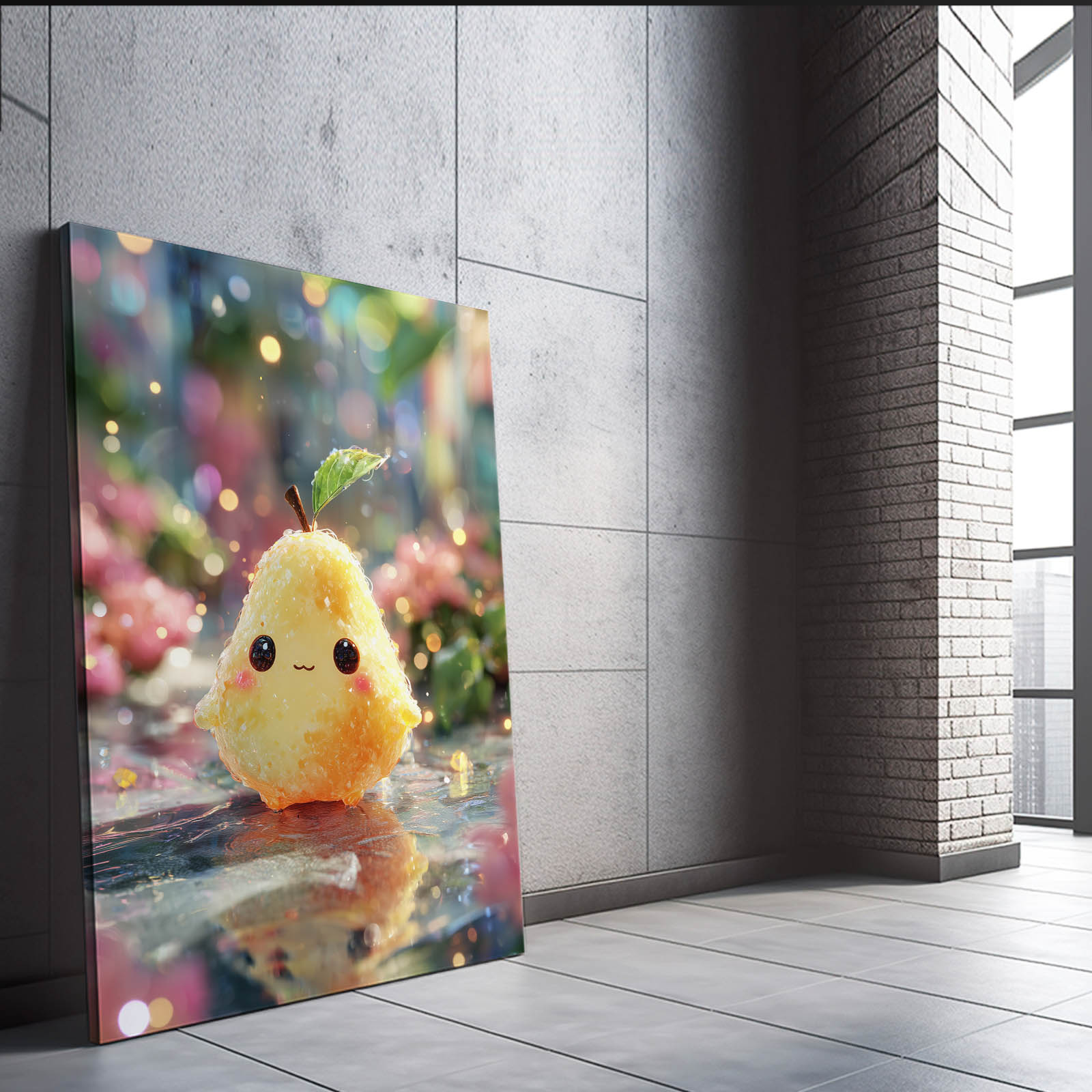 Kawaii Pear Sprite Fruit Art – styled in a furnished interior