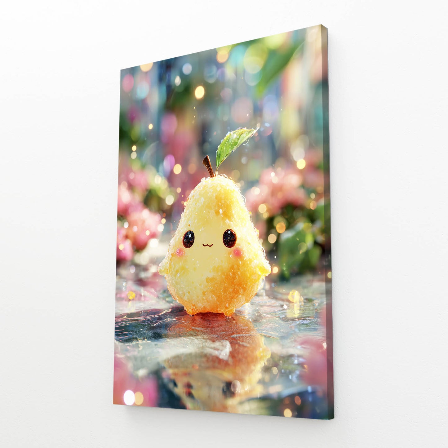 Kawaii Pear Sprite Fruit Art – angled canvas view on white background