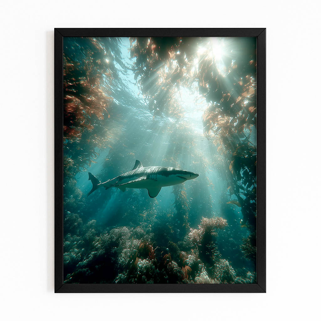 Kelp Forest Light Shark Art – with Premium Black frame on white background