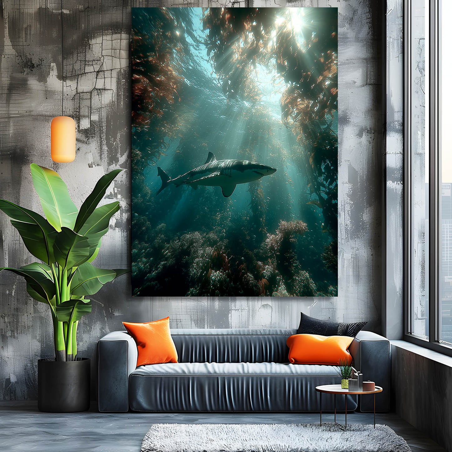 Kelp Forest Light Shark Art – styled in a furnished interior