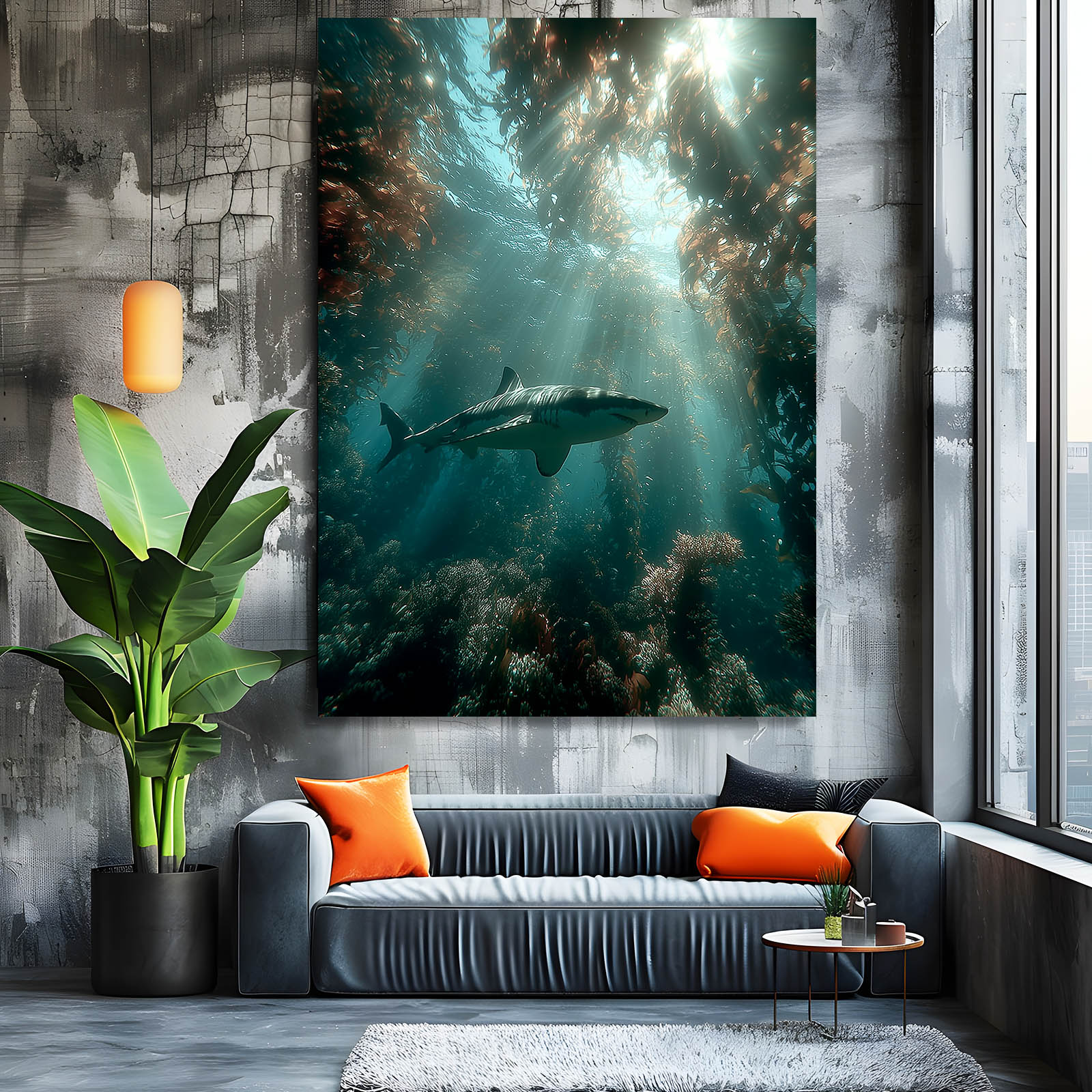 Kelp Forest Light Shark Art – styled in a furnished interior
