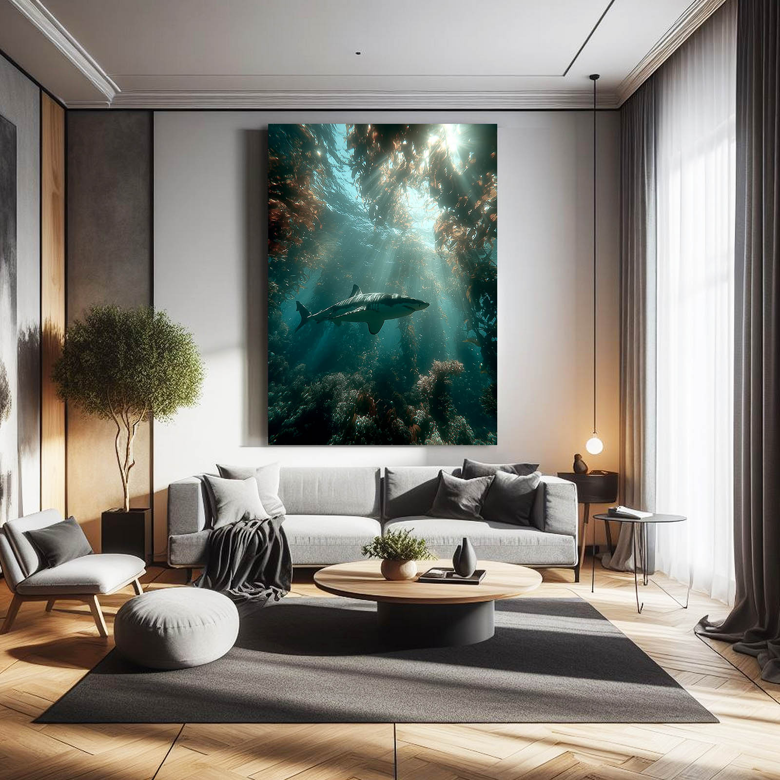 Kelp Forest Light Shark Art – styled in a furnished interior
