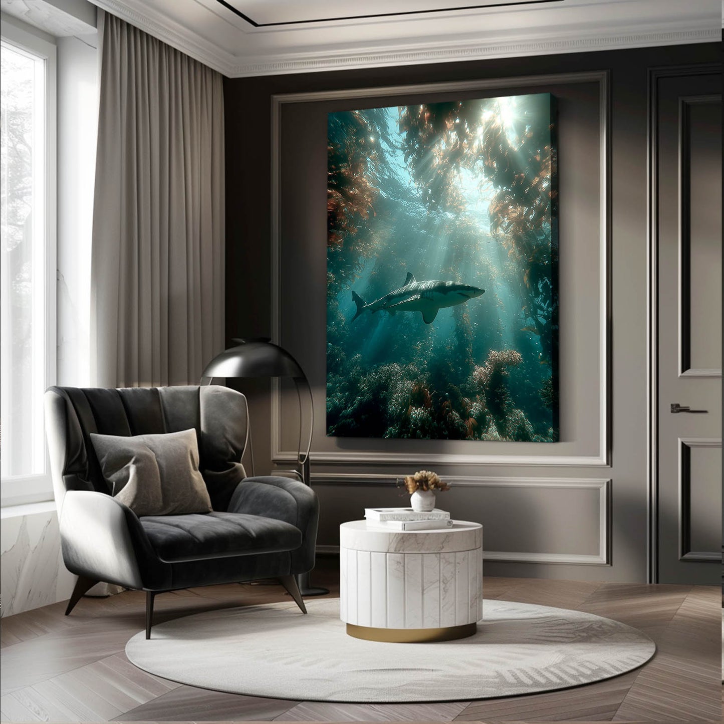 Kelp Forest Light Shark Art – styled in a furnished interior