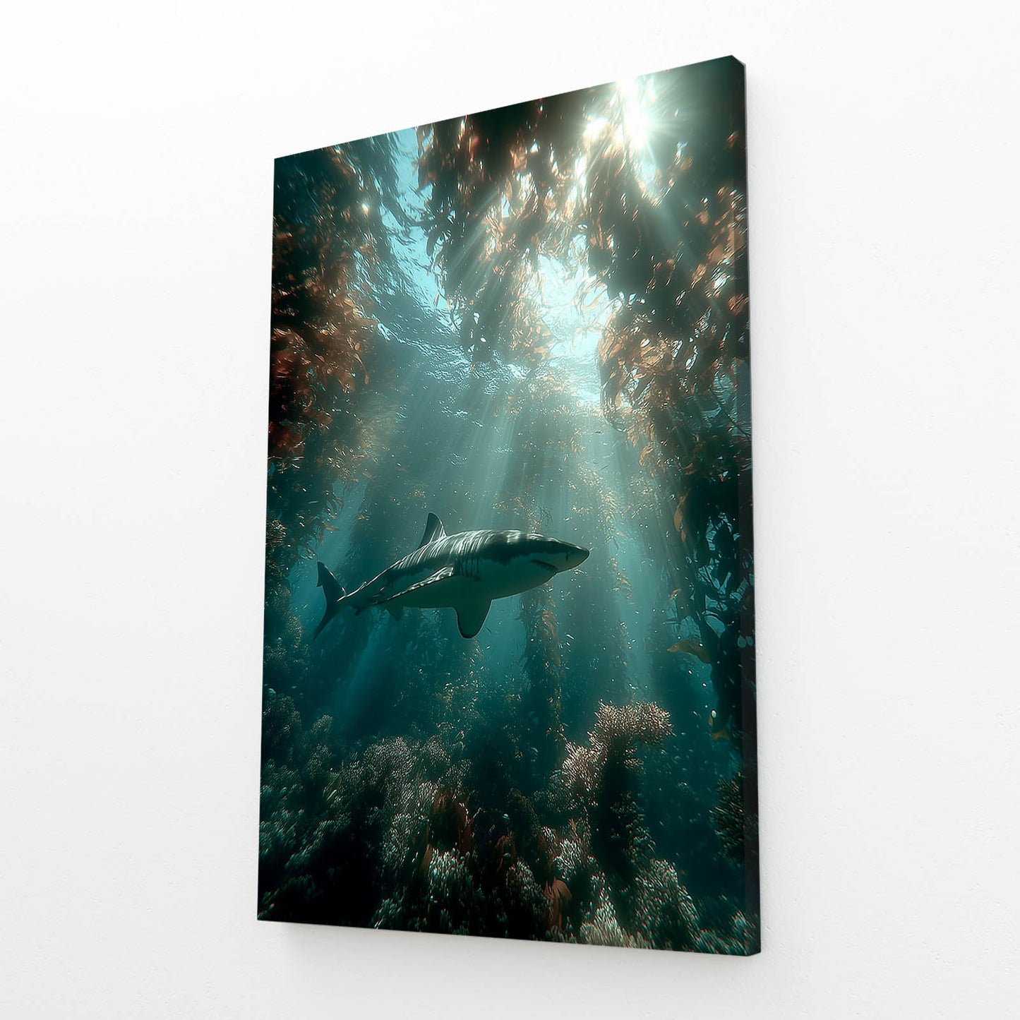 Kelp Forest Light Shark Art – angled canvas view on white background