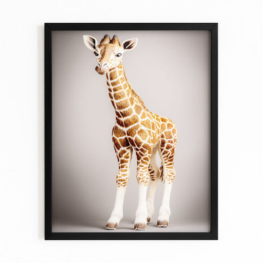 Framed artwork of a giraffe on a plain background