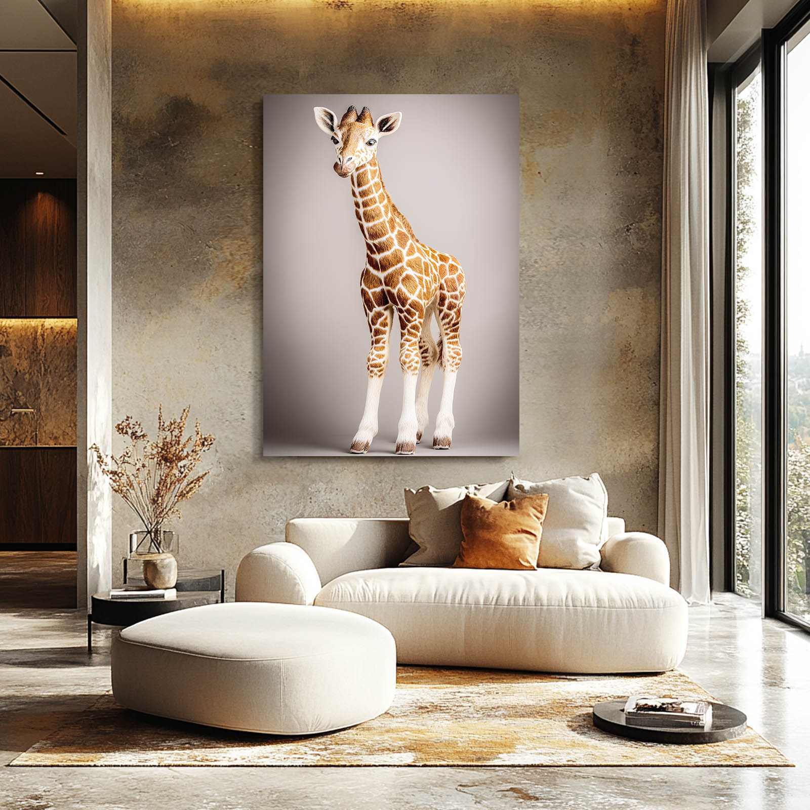 Modern living room with a giraffe painting on the wall