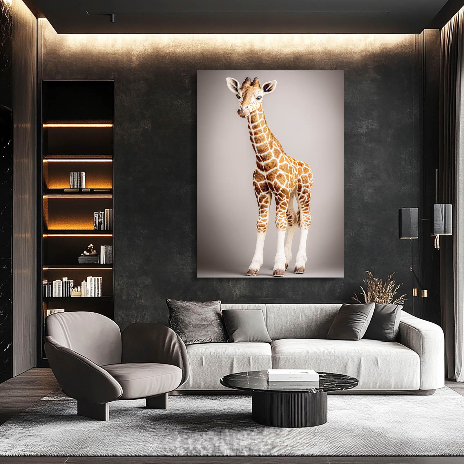 Modern living room with a giraffe painting on the wall