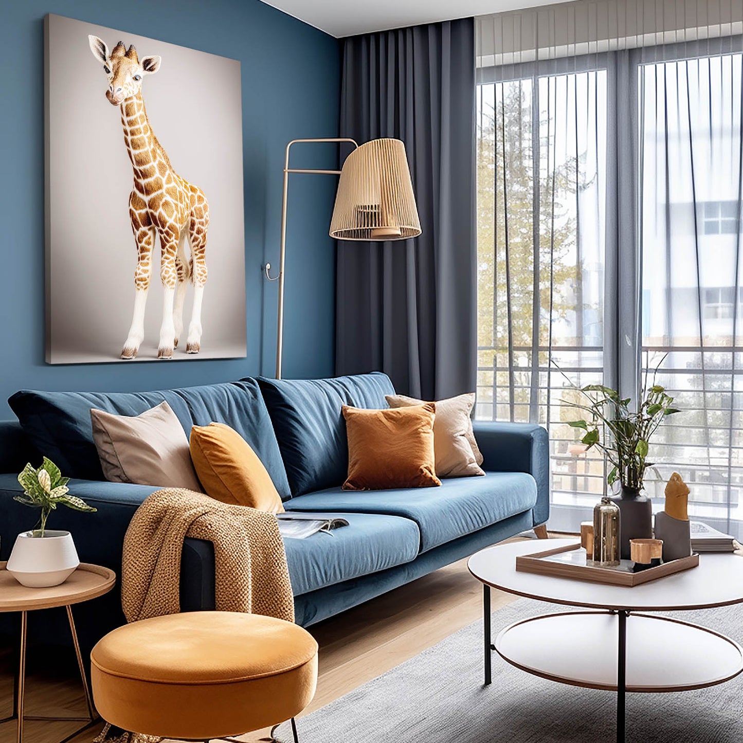 Modern living room with blue sofa, orange pouf, and large window