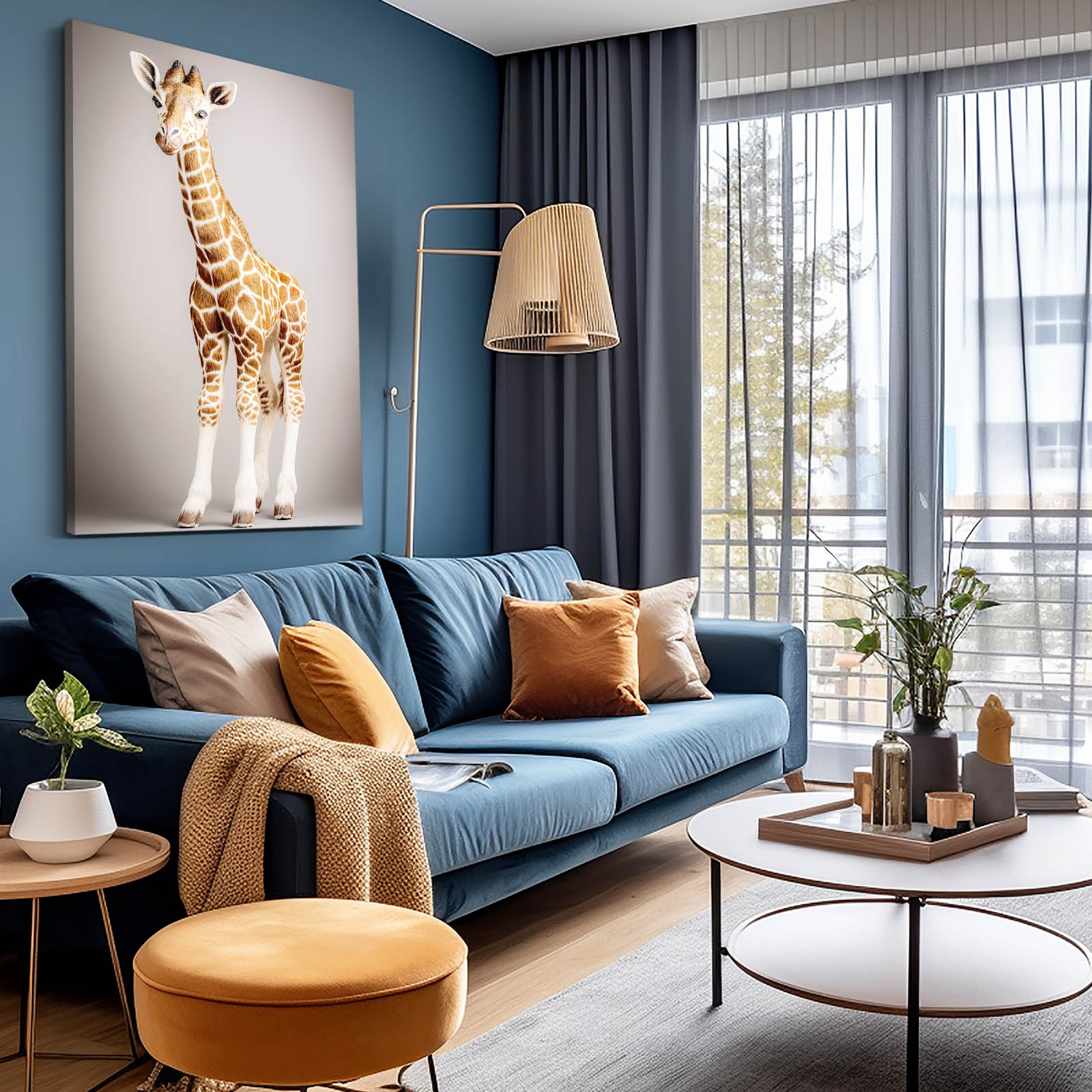 Modern living room with blue sofa, orange pouf, and large window