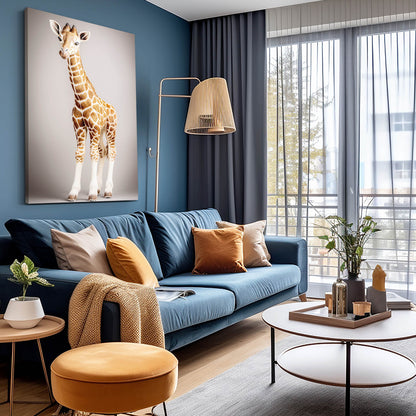 Modern living room with blue sofa, orange pouf, and large window