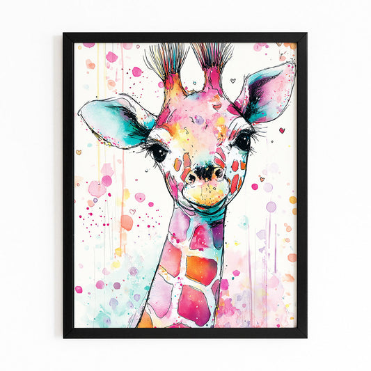 Colorful watercolor painting of a giraffe on a white background