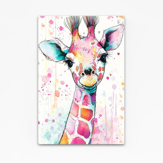 Colorful painting of a giraffe on a white background