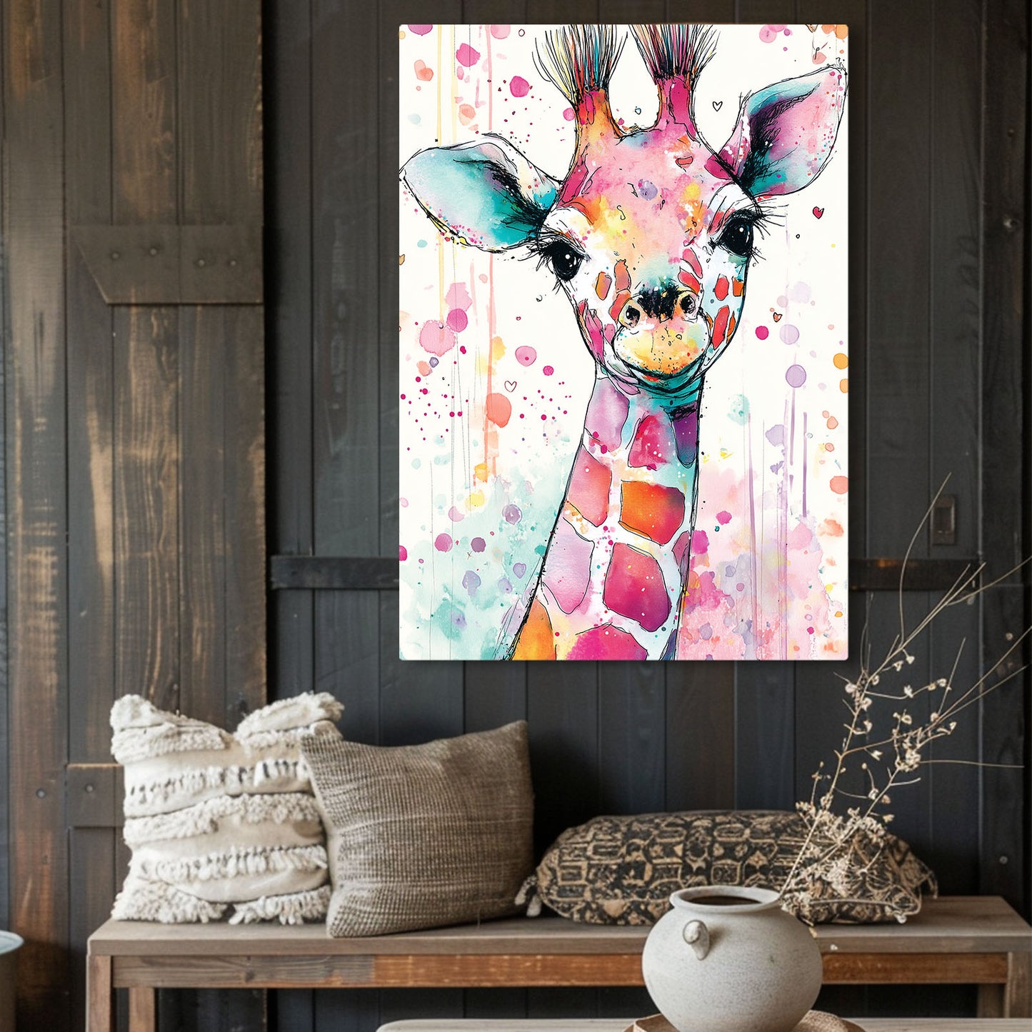 Colorful giraffe painting on a wooden wall above a bench with pillows.