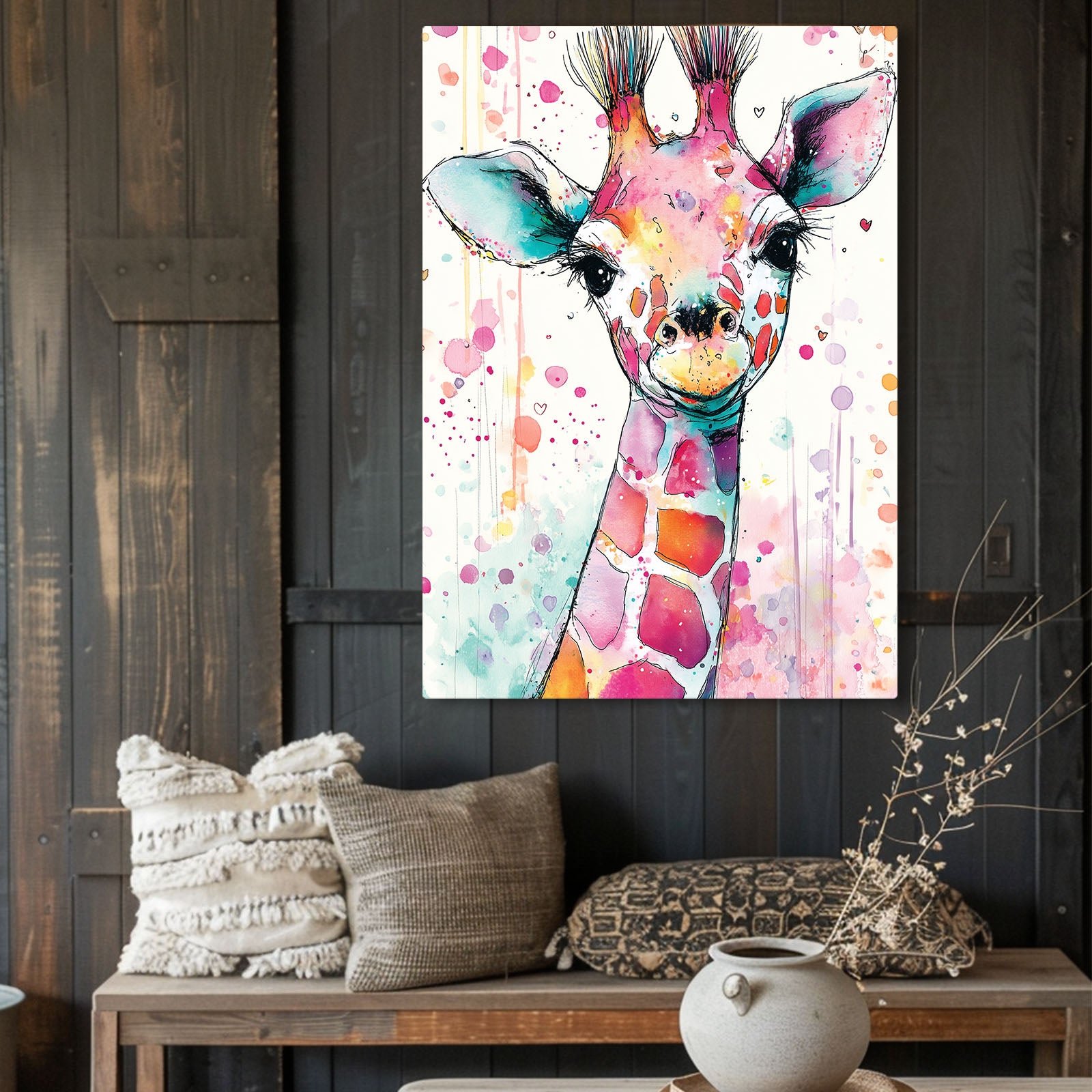 Colorful giraffe painting on a wooden wall above a bench with pillows.