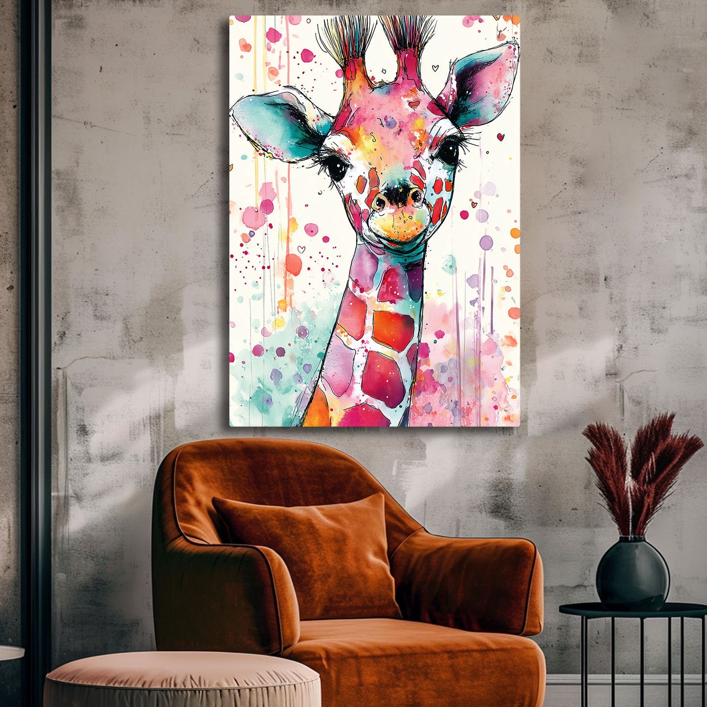Colorful abstract giraffe painting on a wall above an orange armchair.