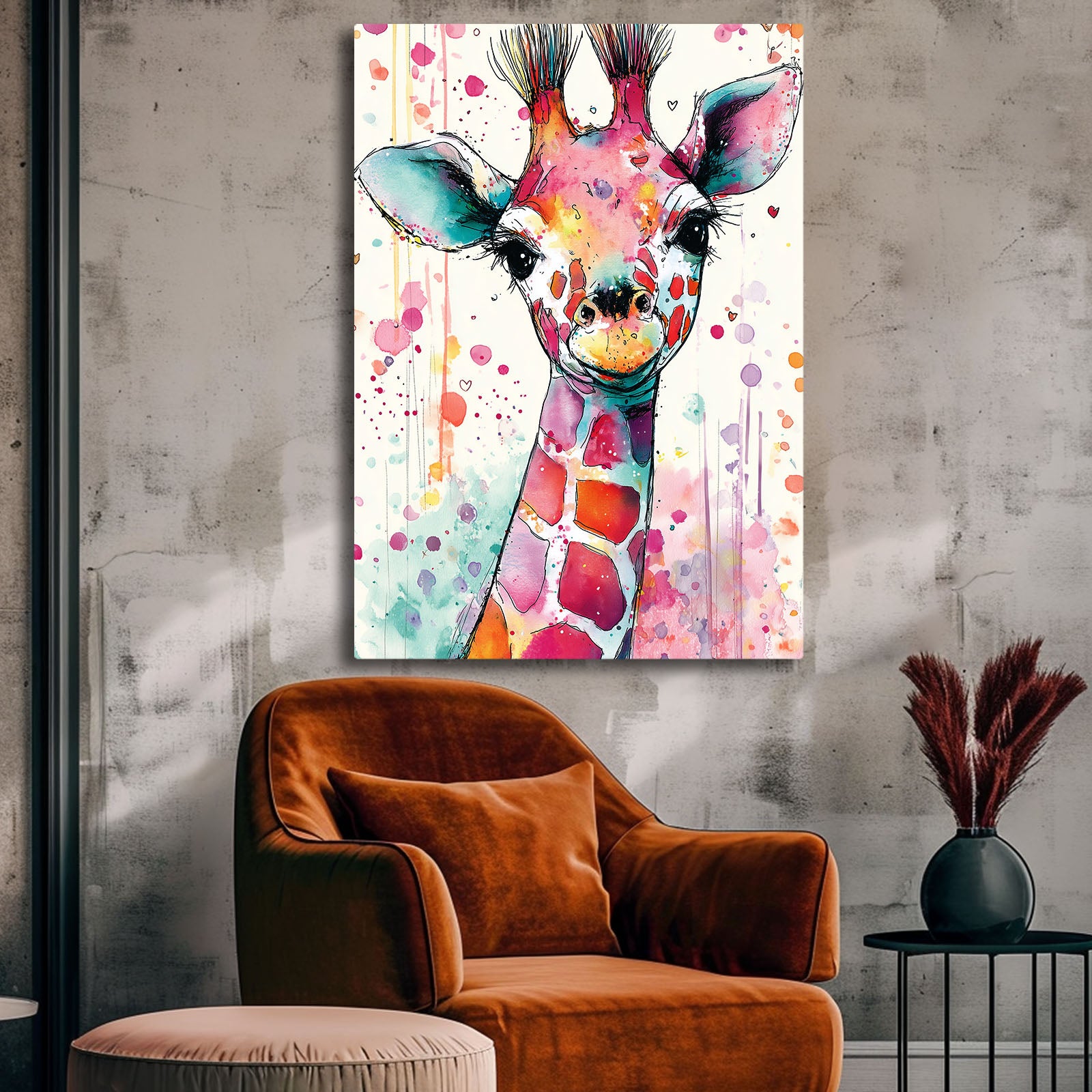 Colorful abstract giraffe painting on a wall above an orange armchair.