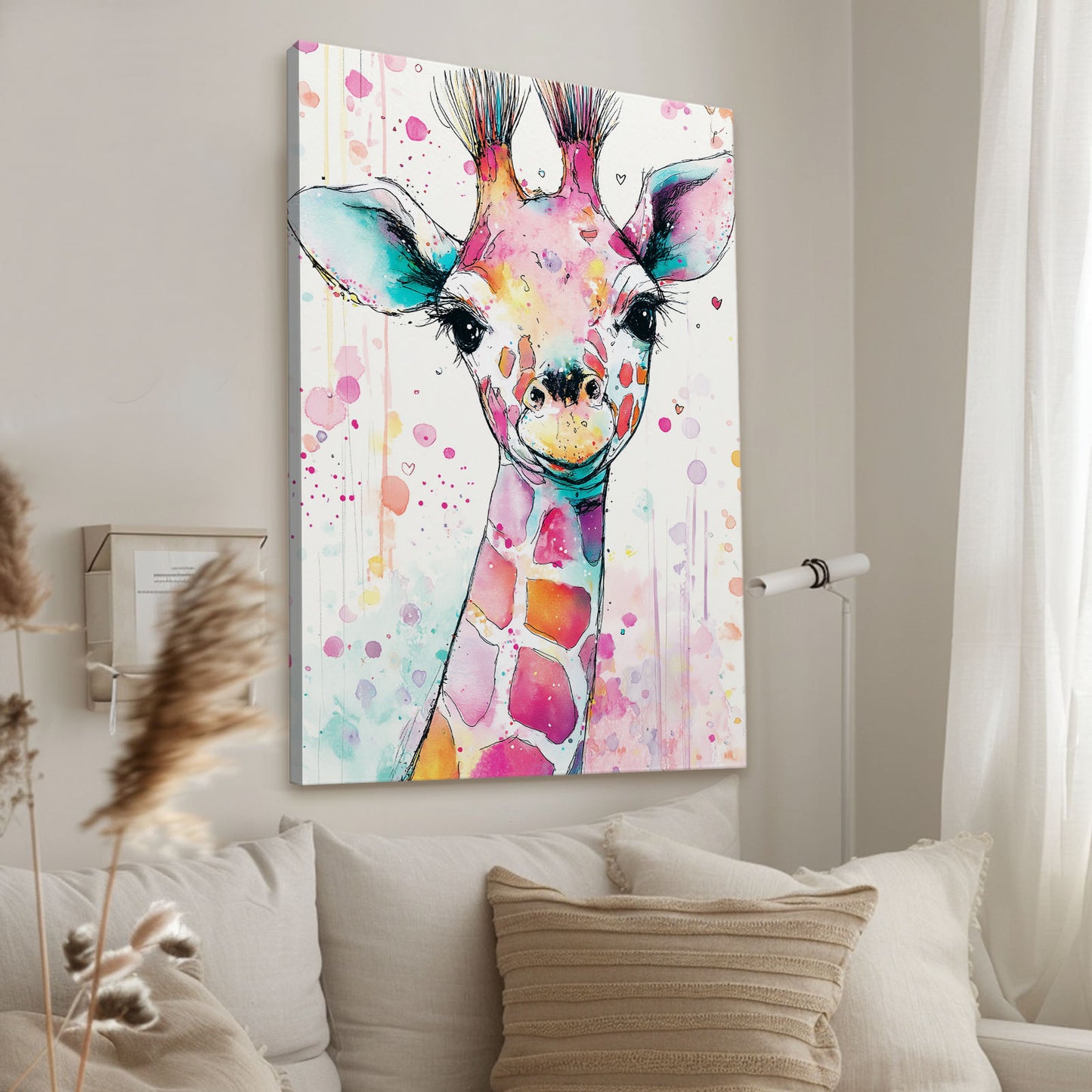 Colorful giraffe painting on a wall in a living room
