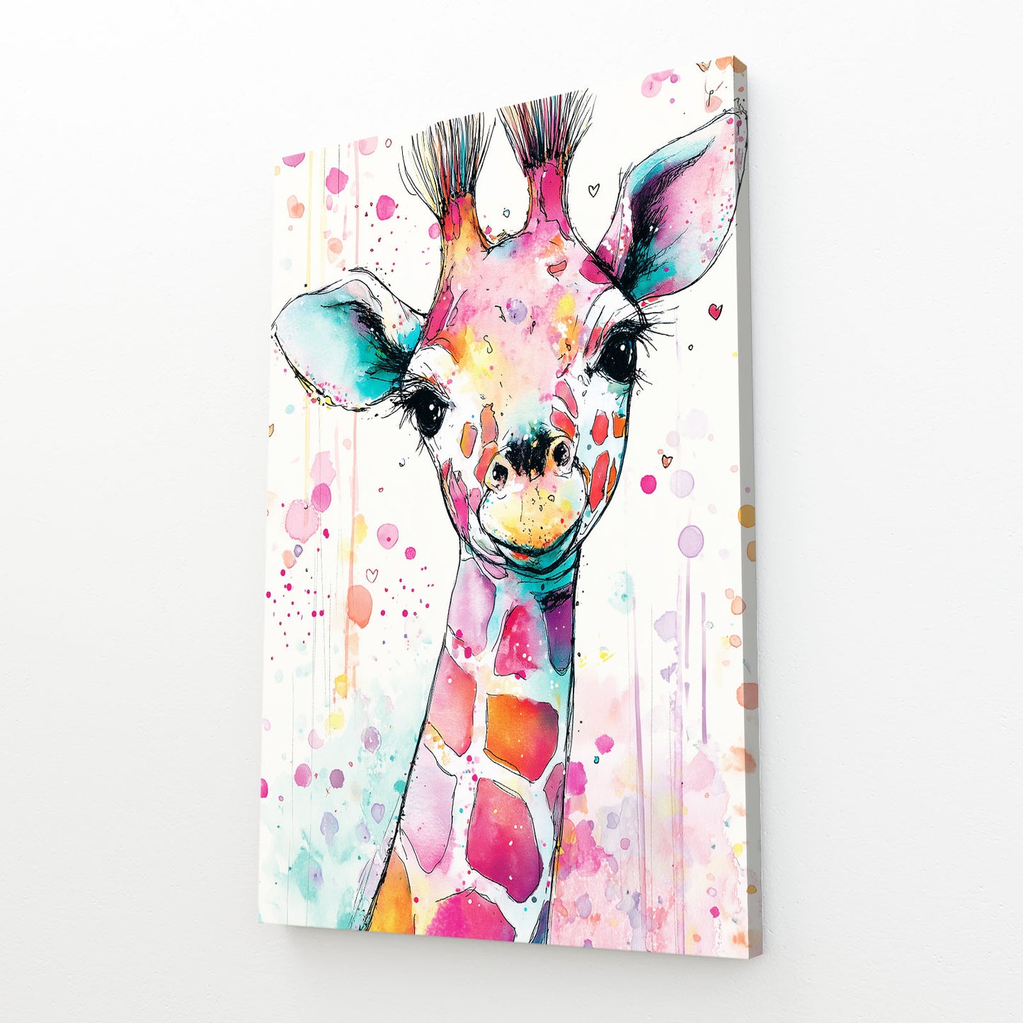 Colorful painting of a giraffe on a white background